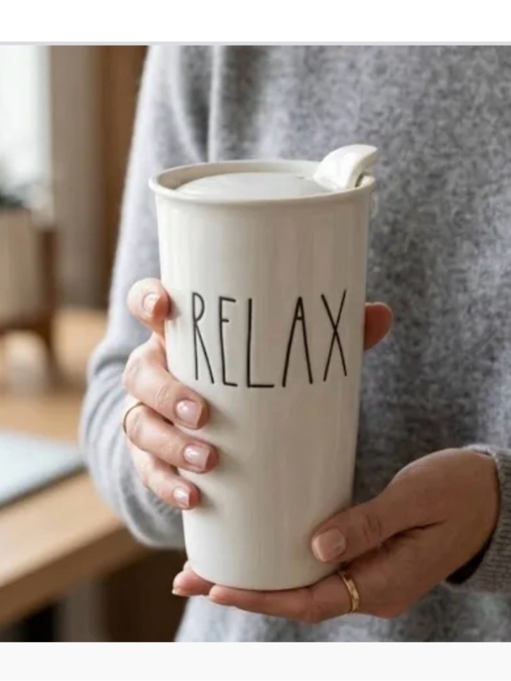 Rae Dunn White Tumbler with 'RELAX'